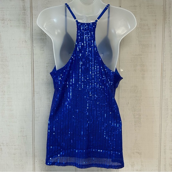 Womens Sequin Tank Top Camisole‎ Sz M V Neck Stretch Formal Cocktail Party Blue - Picture 3 of 10